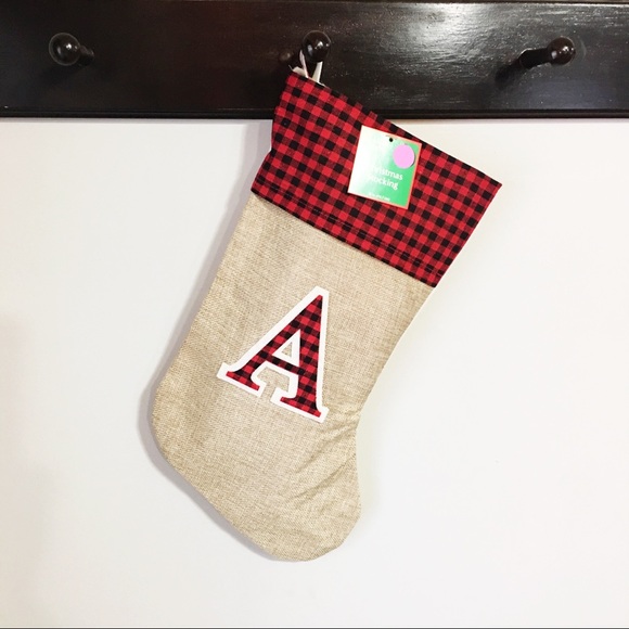 Buffalo Plaid Burlap Christmas Stocking Initial A - Picture 1 of 5